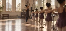 Fileira de bailarinas na barra, de collant, com a professora conduzindo a aula