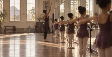 Fileira de bailarinas na barra, de collant, com a professora conduzindo a aula