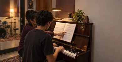 Aluno ao piano de parede com a professora apontando a partitura, bateria ao fundo