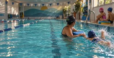 Professora com prancha na borda da raia e criança de touca nadando ao lado, na piscina